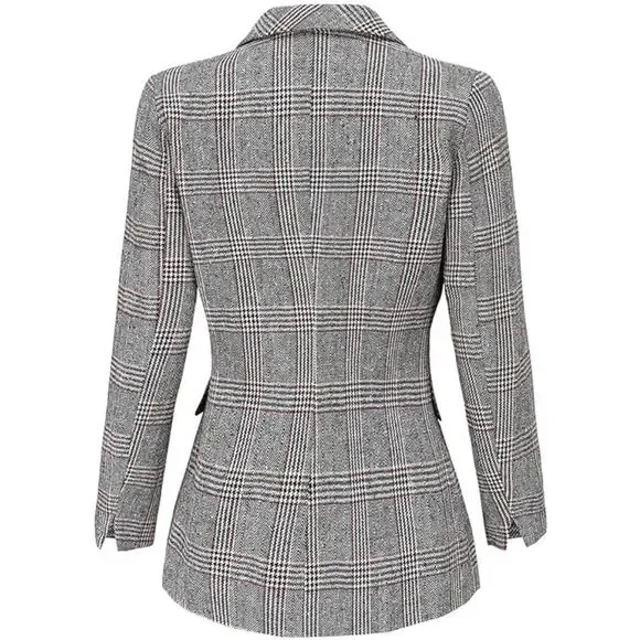 ebossy Women's Houndstooth Plaid Boyfriend Blazer - Notch Lapel Suit Coat - XS - Picture 2 of 5